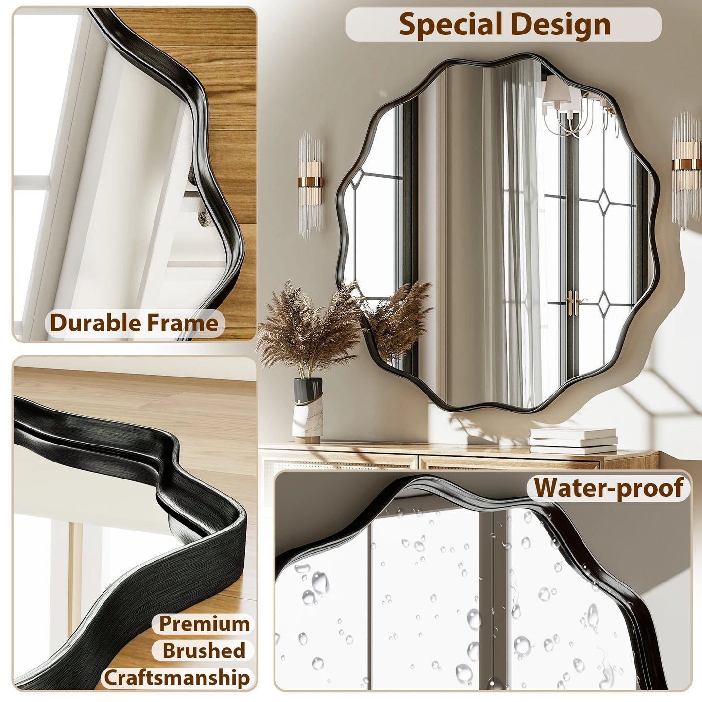 Wavy Round Bathroom Mirror Decorative Wall Mirror with Deep Frame Modern Vanity Mirror for Bedroom Living Room Home Decor