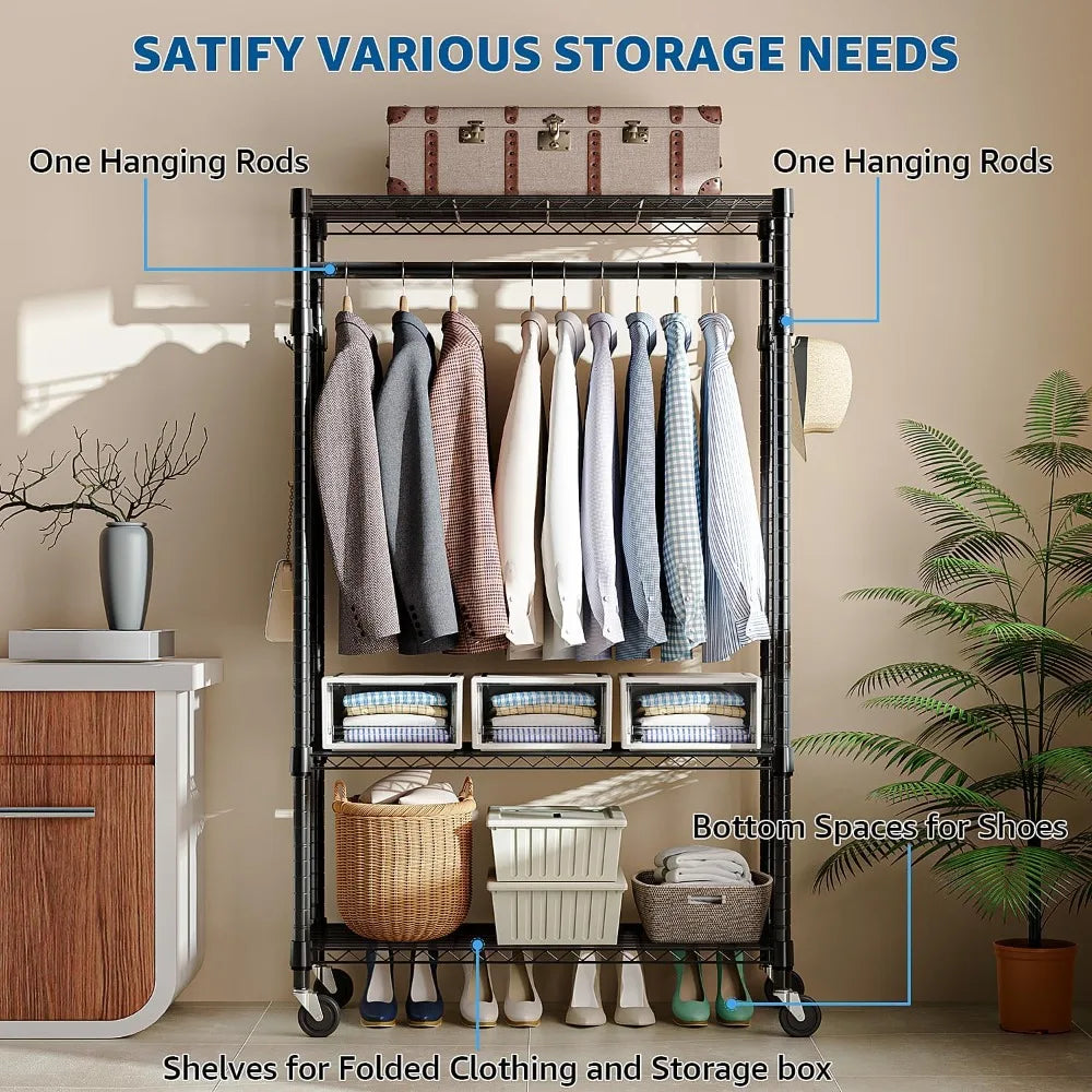 Heavy Duty Rolling Garment Rack with Adjustable Shelves