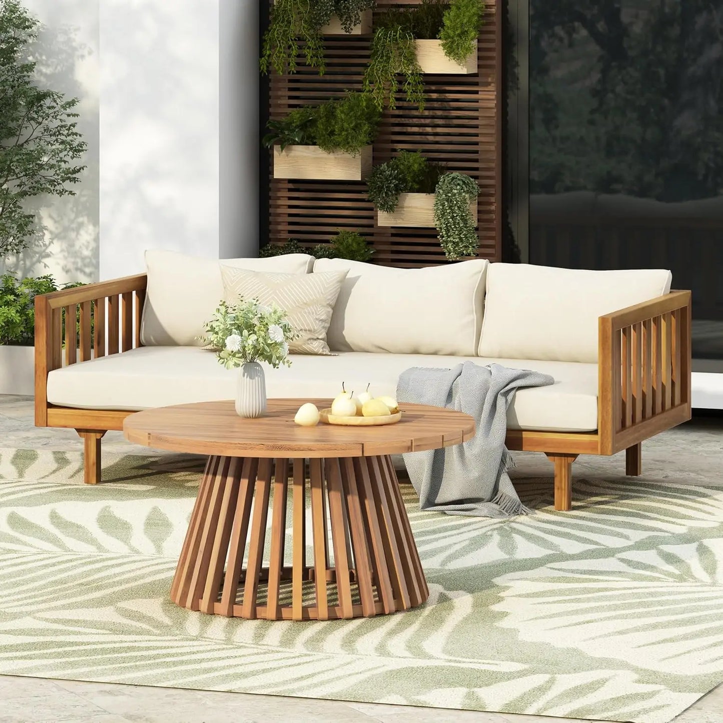 Outdoor Acacia Wood 3-Seat Loveseat Sofa Set with Cushions & Round Coffee Table – Premium Backyard Patio Conversation Furniture for Garden, Porch & Balcony Relaxation