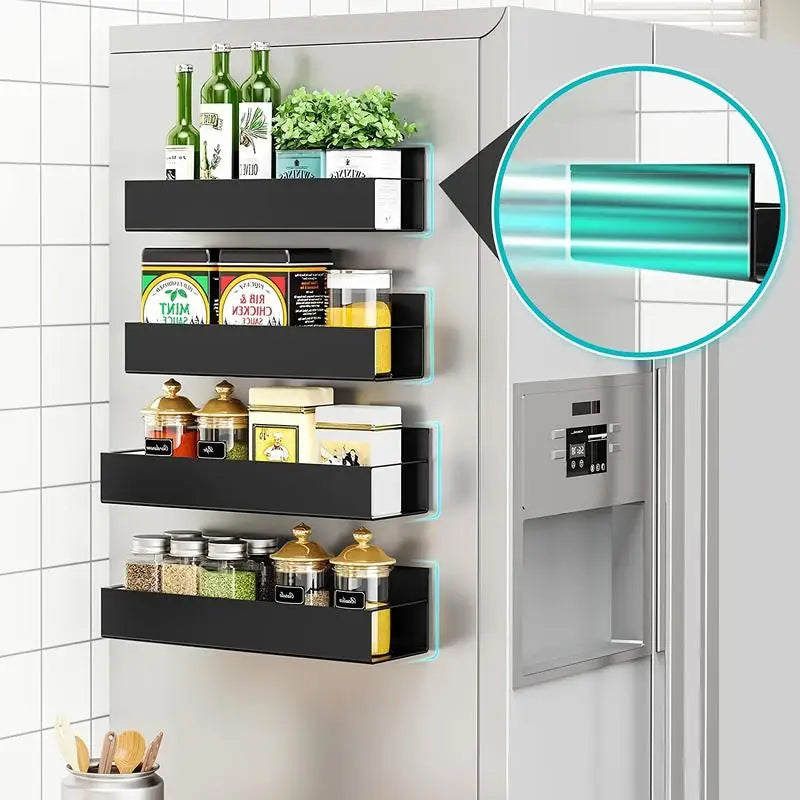 Magnetic Spice Rack for Refrigerator – 4 Pack Kitchen Organizer & Storage Shelves, Black Wall-Mounted Fridge Side Storage Rack for Spices, Jars & Kitchen Essentials
