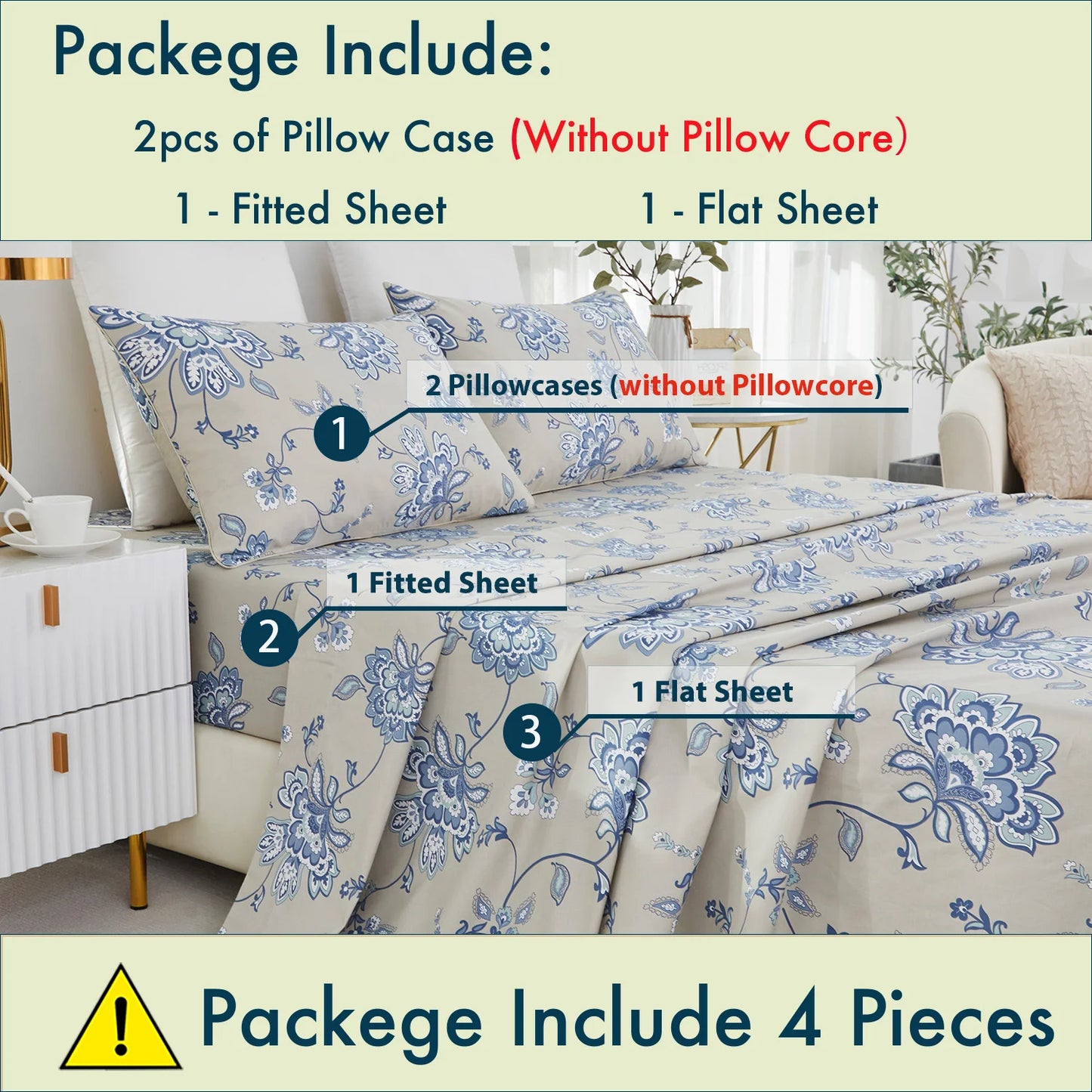 600TC Egyptian Cotton Sheet Set – 4-Piece Blue Boho Paisley Floral Luxury Bedding (100% Cotton)