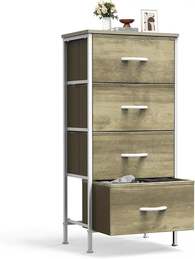 Sweetcrispy Nightstand with 4 Fabric Drawers – Modern Bedside Table with Wooden Top, Small Bedroom Dresser & End Table for Bedroom, Living Room & Nursery