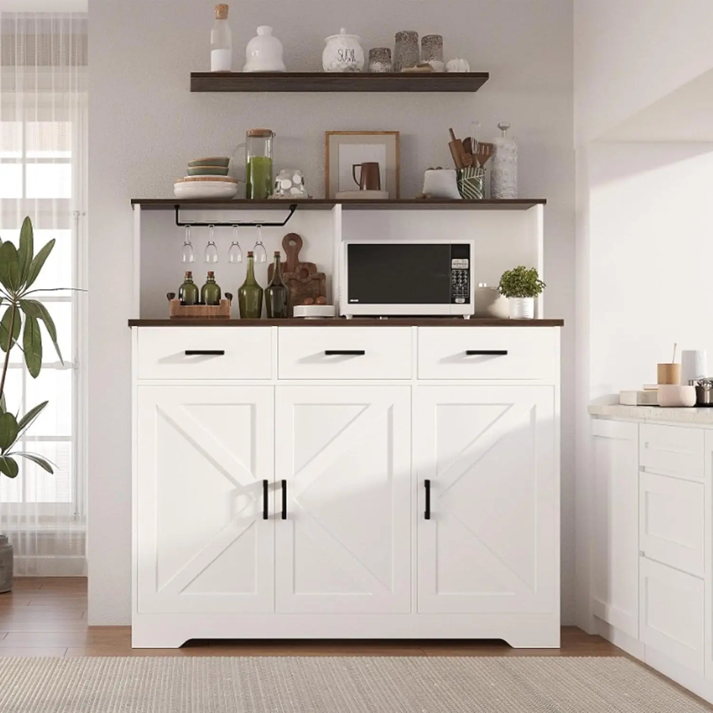 Farmhouse Buffet Cabinet with Storage Coffee Bar Cabinet Kitchen Storage Cabinet with 3 Doors and Drawers Dining Room Furniture