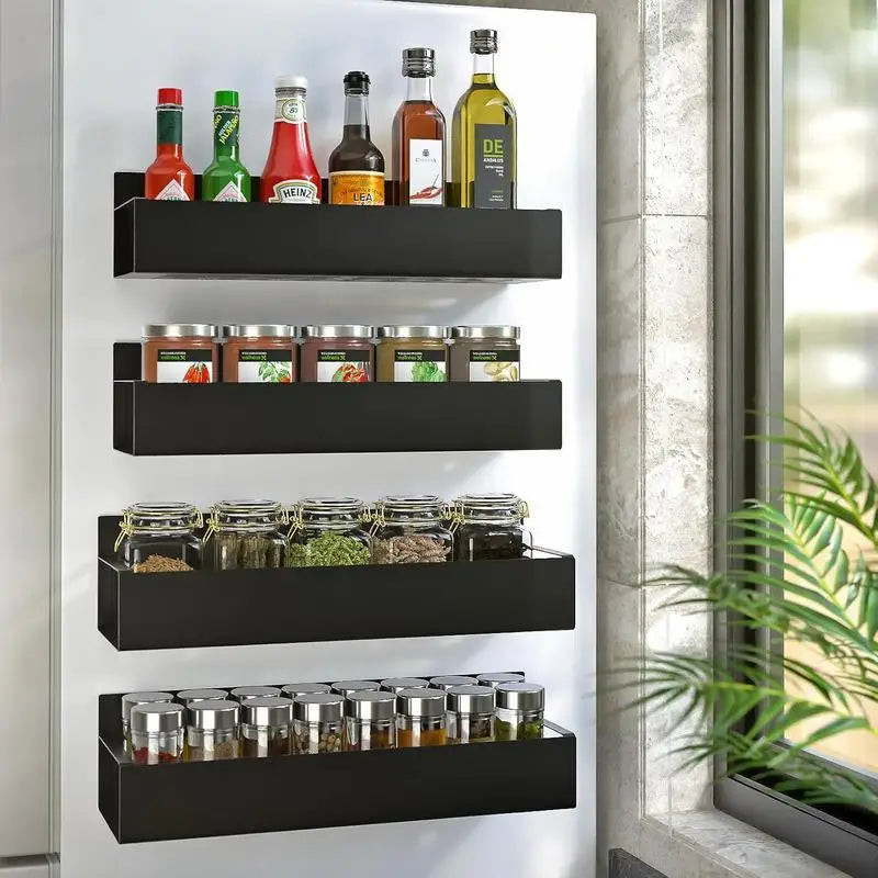 Magnetic Spice Rack for Refrigerator – 4 Pack Kitchen Organizer & Storage Shelves, Black Wall-Mounted Fridge Side Storage Rack for Spices, Jars & Kitchen Essentials