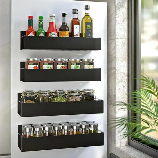 Magnetic Spice Rack for Refrigerator – 4 Pack Kitchen Organizer & Storage Shelves, Black Wall-Mounted Fridge Side Storage Rack for Spices, Jars & Kitchen Essentials