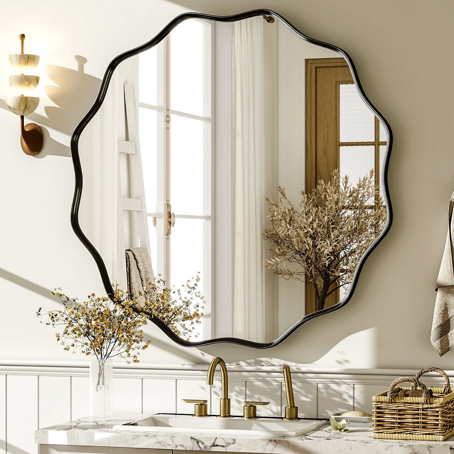 Wavy Round Bathroom Mirror Decorative Wall Mirror with Deep Frame Modern Vanity Mirror for Bedroom Living Room Home Decor
