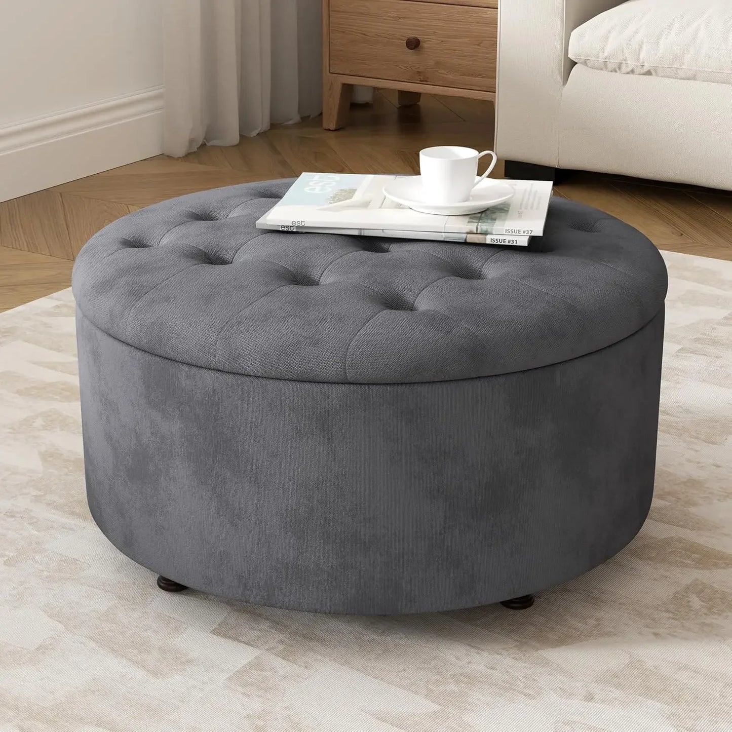 Round Tufted Storage Ottoman Coffee Table