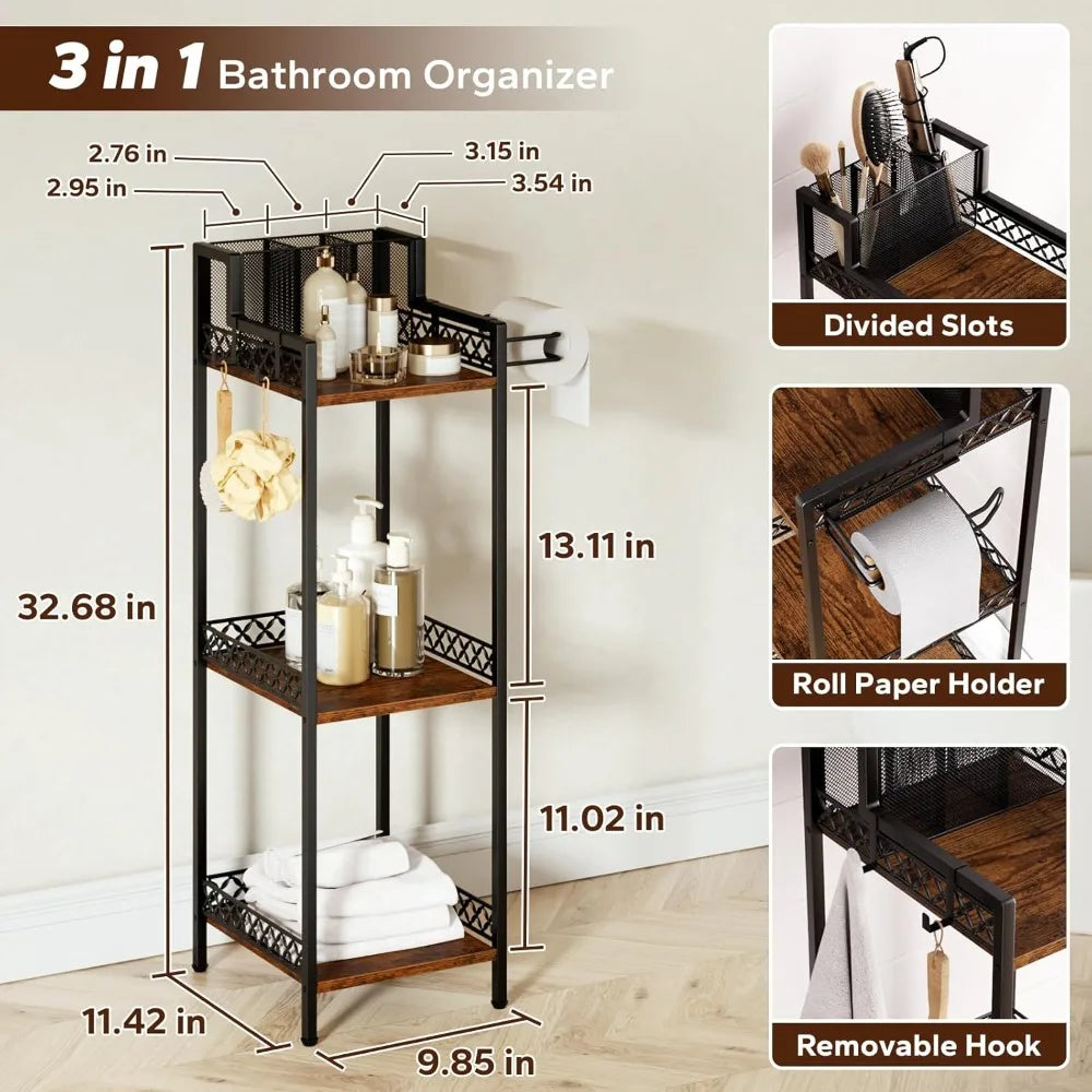 3-Tier Slim Bathroom Shelf Organizer with Holders