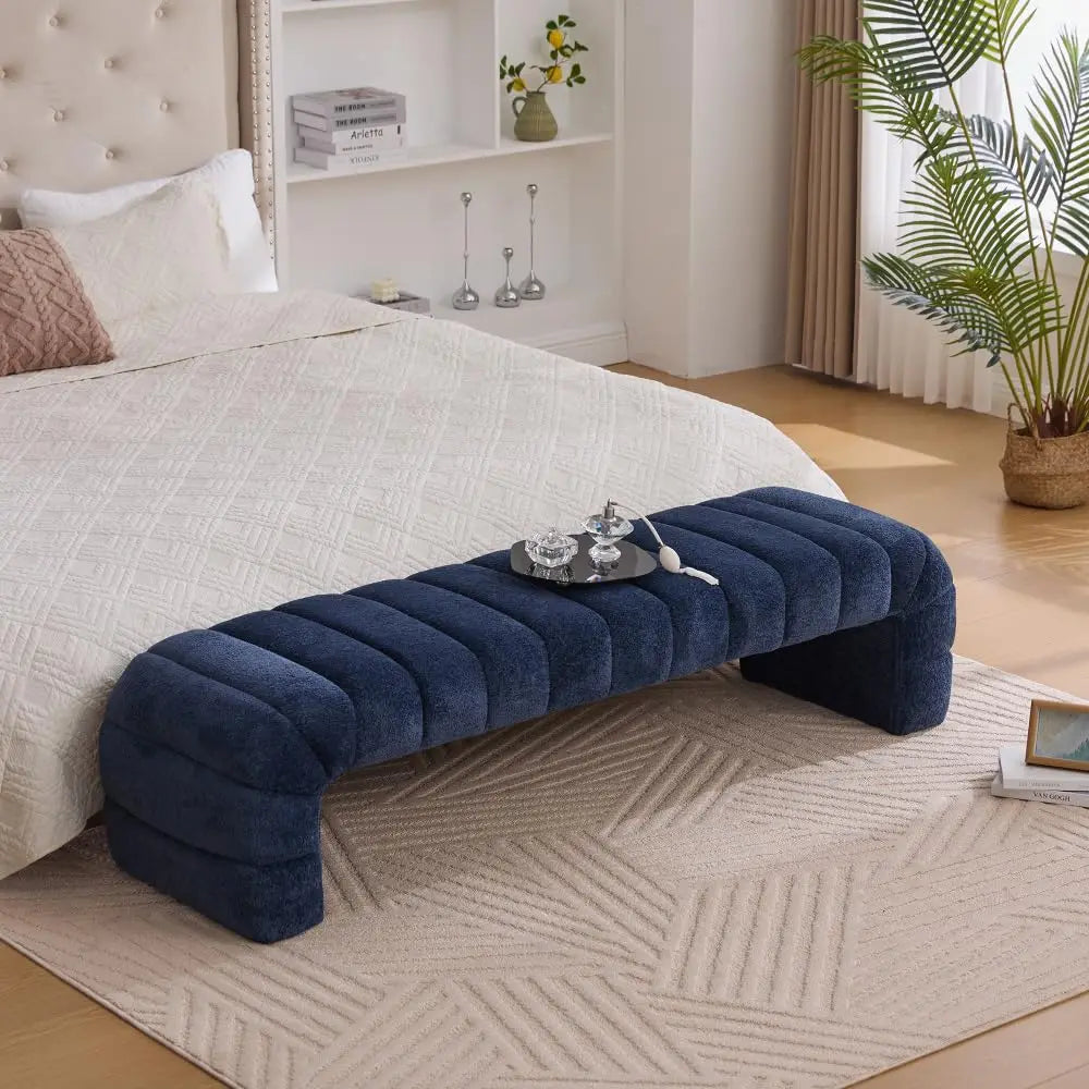 83.1” Modern Upholstered End of Bed Bench with Armrests – Chenille Chaise Lounge Bench with 2 Bolster Pillows, Bedroom Bench Seating for Bedroom, Living Room & Entryway