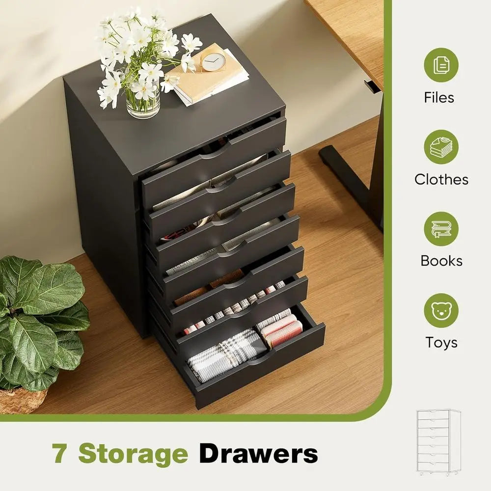 7 Drawer Mobile Storage Cabinet with Wheels – Wooden Dresser Organizer for Home & Office