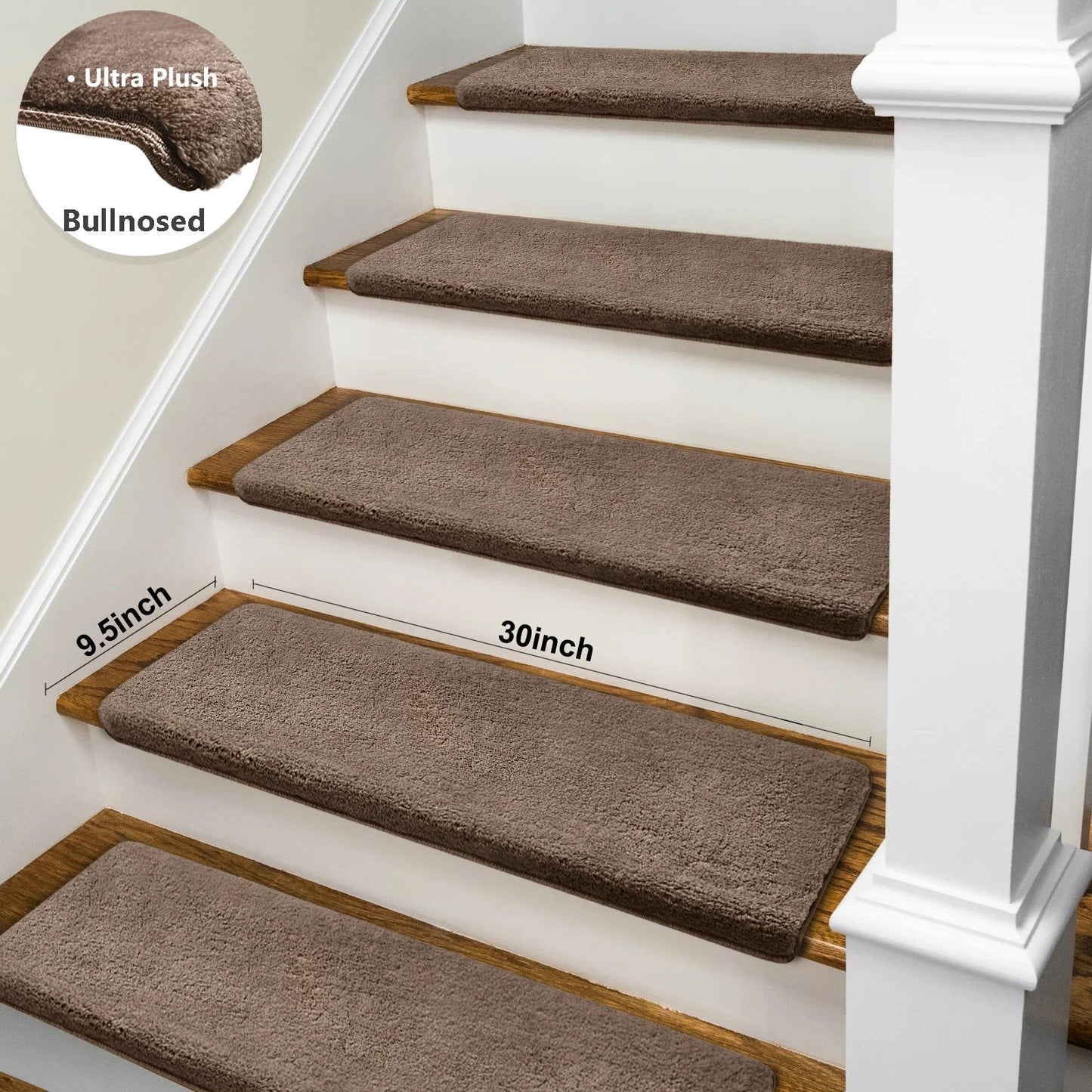 Bullnose Non-Slip Stair Treads – Ultra Plush Washable Self-Adhesive Carpet Mats, Peel & Stick Stair Covers for Safety, Elderly, Kids & Pets