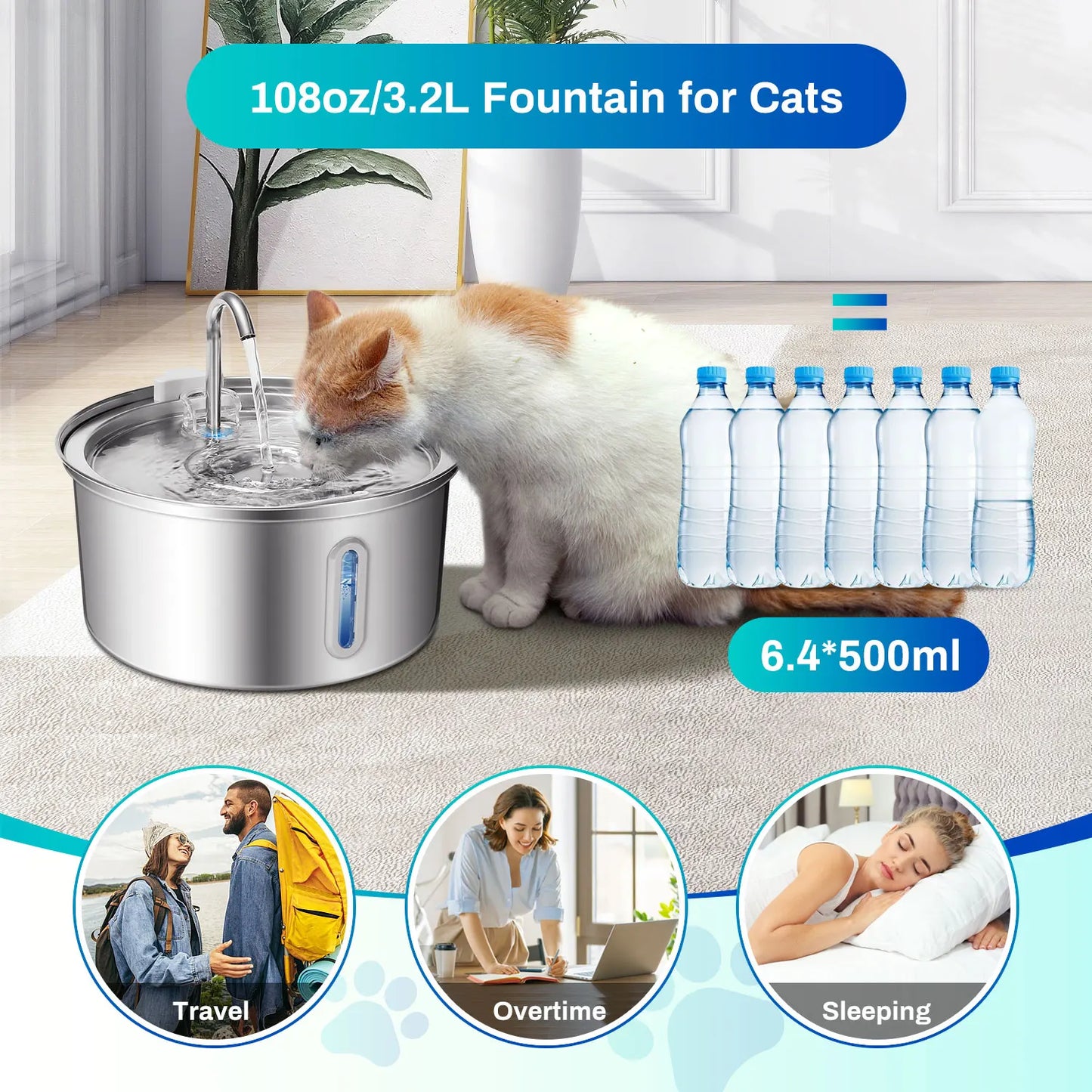 Stainless Steel Cat Water Fountain 3.2L