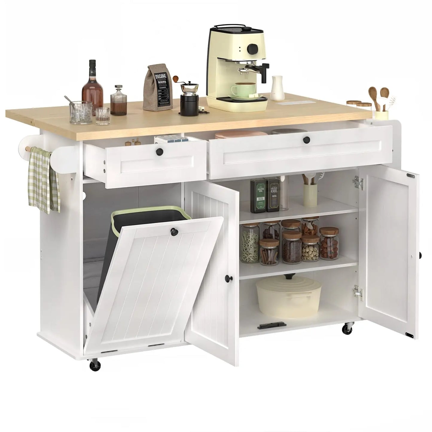 60 Inch Mobile Kitchen Island Rolling Cart with Drop Leaf Power Outlet Storage Trolley Spice Rack Towel Rack Trash Cabinet