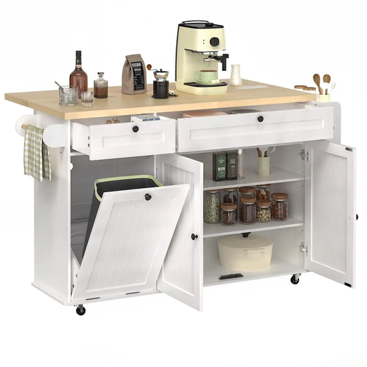 60 Inch Mobile Kitchen Island Rolling Cart with Drop Leaf Power Outlet Storage Trolley Spice Rack Towel Rack Trash Cabinet