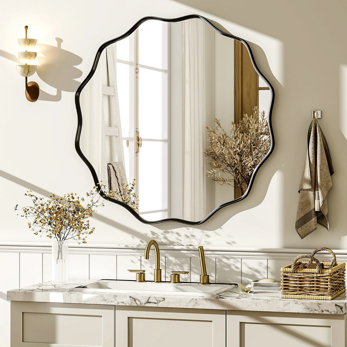 Wavy Round Bathroom Mirror Decorative Wall Mirror with Deep Frame Modern Vanity Mirror for Bedroom Living Room Home Decor