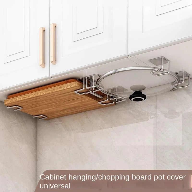 Stainless Steel Wall Mounted Kitchen Storage Rack – Non-Perforated Pot Lid Holder & Cutting Board Organizer for Cabinet Door & Countertop Storage