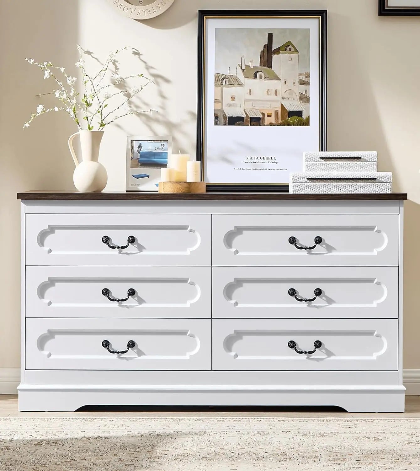 Farmhouse Cherry Wood Dresser Wide Drawer Chest of Drawers Rustic Bedroom Storage Furniture
