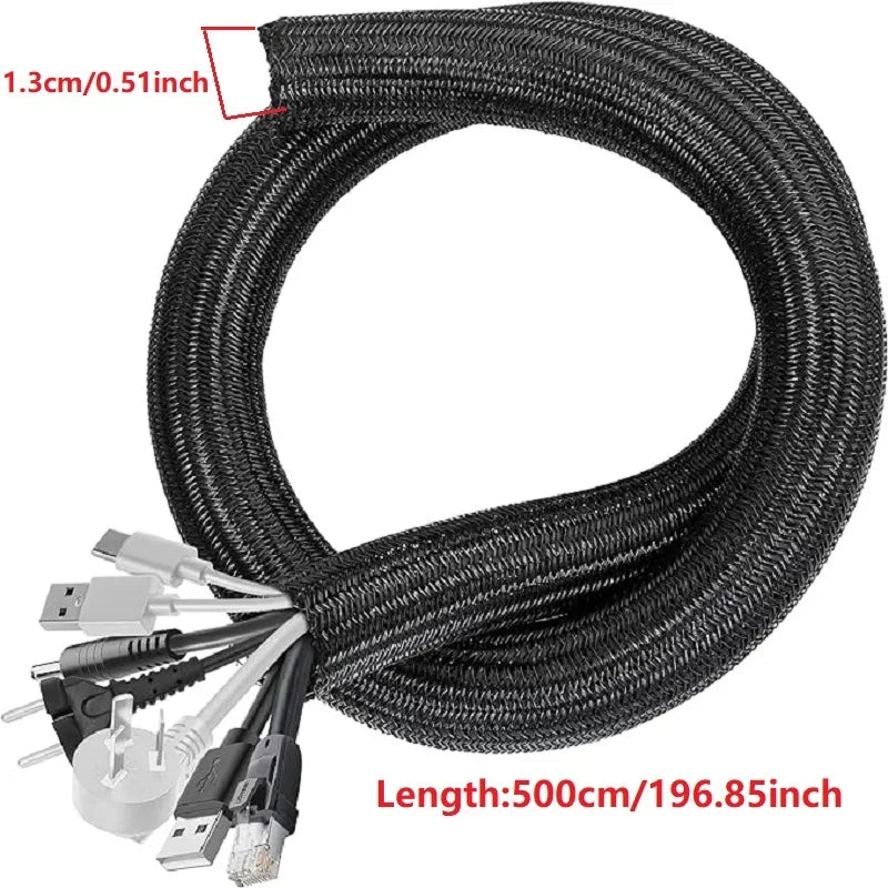 Braided Cable Sleeve Wire Organizer – PET Nylon Cable Management Wrap for Desk, PC & TV, Flexible Wire Protector Cover 1M/3M/5M