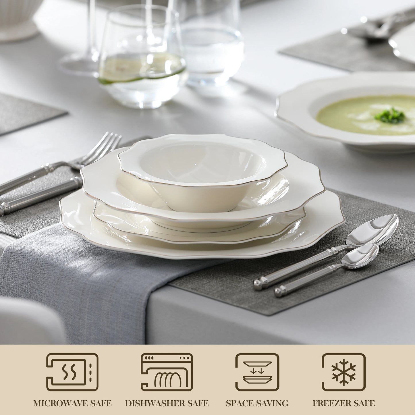 MALACASA 16/32-Piece White Porcelain Dinnerware Set with Gold Rim – Nordic European Tableware Set with Dinner Plates, Dessert Plates & Bowls for 4 or 8