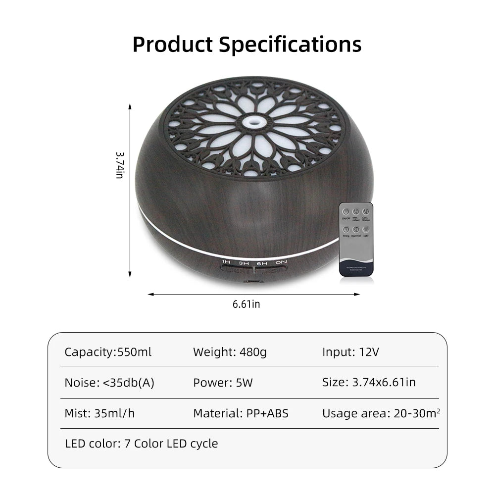 550ml Essential Oil Diffuser With Remote & Timer | 7-Color LED Aroma Humidifier + 6 Premium Oils Set