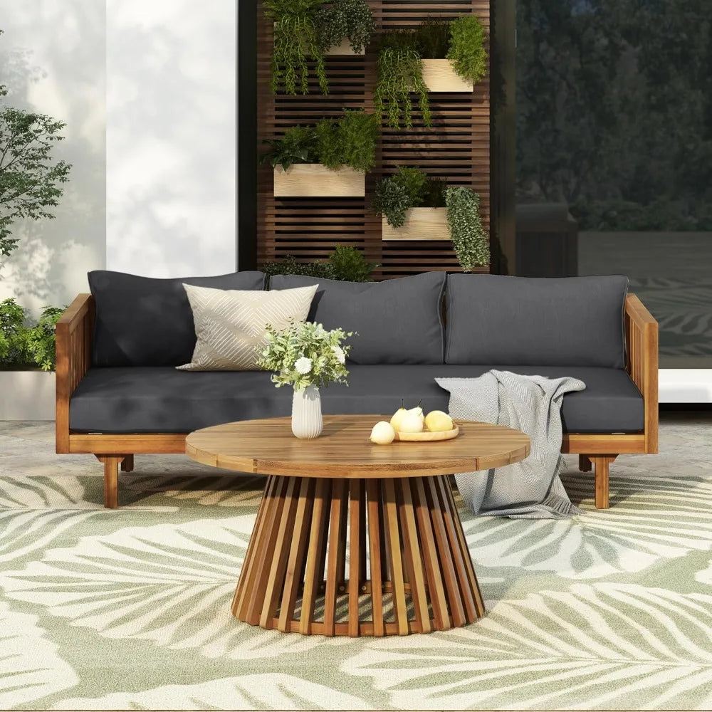Outdoor Acacia Wood 3-Seat Loveseat Sofa Set with Cushions & Round Coffee Table – Premium Backyard Patio Conversation Furniture for Garden, Porch & Balcony Relaxation