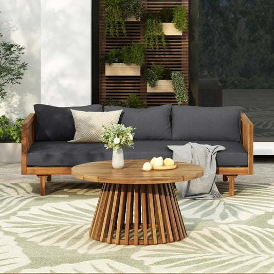 Outdoor Acacia Wood 3-Seat Loveseat Sofa Set with Cushions & Round Coffee Table – Premium Backyard Patio Conversation Furniture for Garden, Porch & Balcony Relaxation