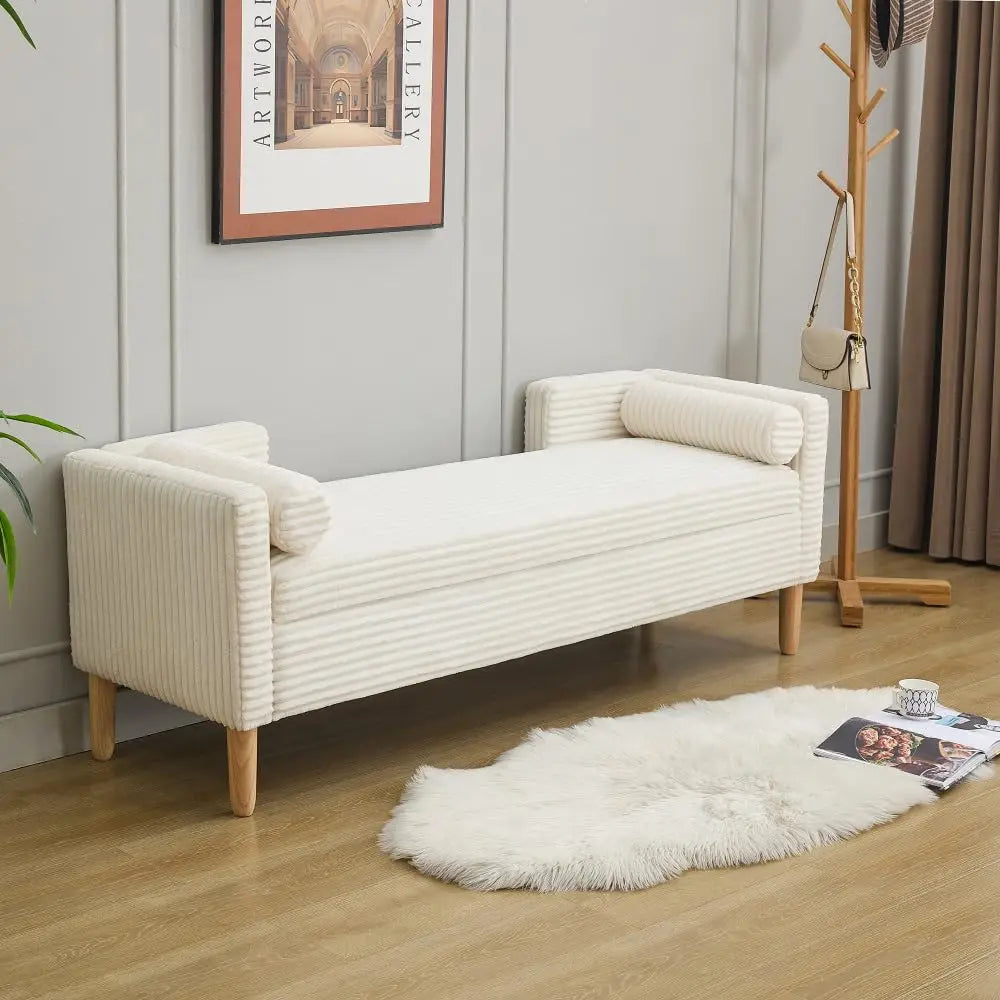 83.1” Modern Upholstered End of Bed Bench with Armrests – Chenille Chaise Lounge Bench with 2 Bolster Pillows, Bedroom Bench Seating for Bedroom, Living Room & Entryway