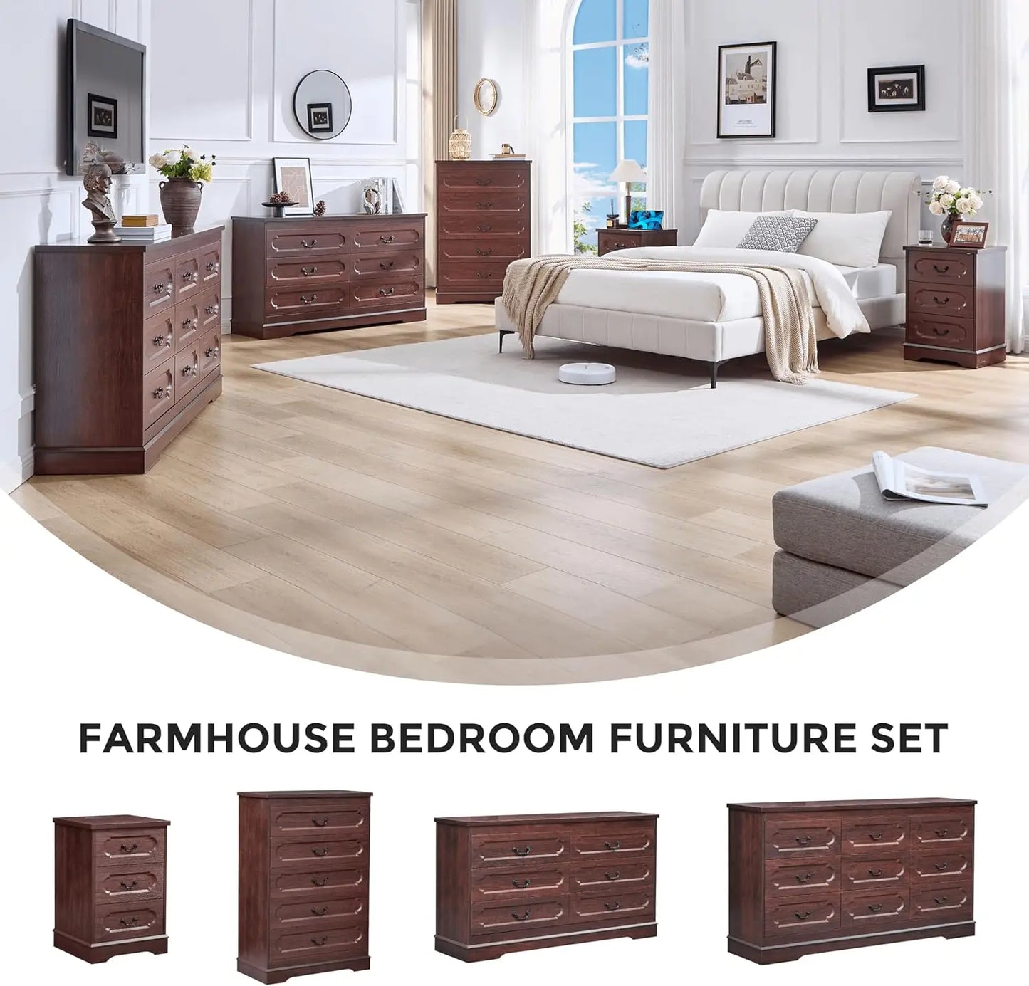 Farmhouse Cherry Wood Dresser Wide Drawer Chest of Drawers Rustic Bedroom Storage Furniture