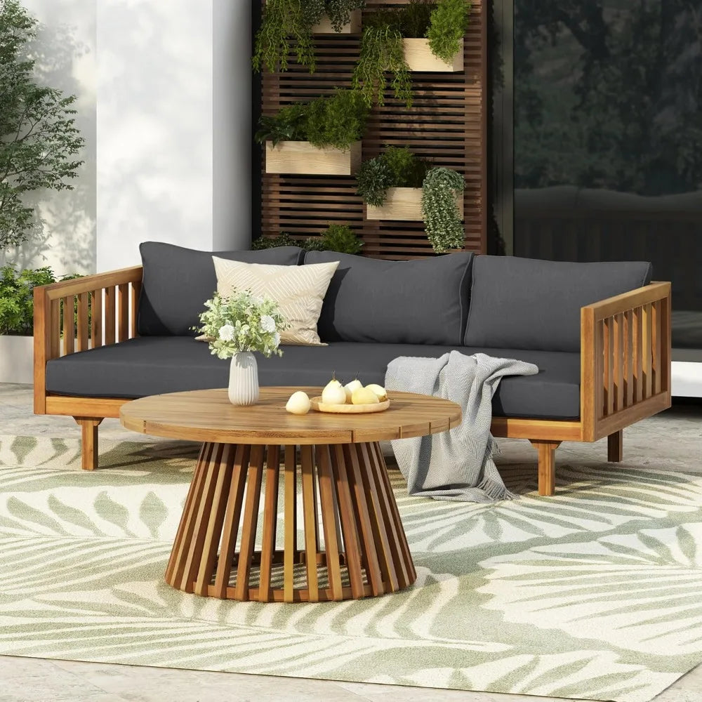Outdoor Acacia Wood 3-Seat Loveseat Sofa Set with Cushions & Round Coffee Table – Premium Backyard Patio Conversation Furniture for Garden, Porch & Balcony Relaxation