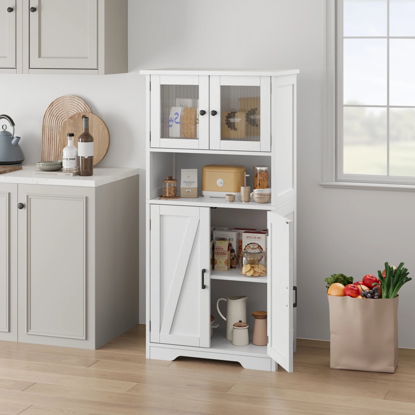 Freestanding Kitchen Pantry Cabinet with 4 Doors & Open Shelves – Tall Storage Cupboard with Tempered Glass Doors for Kitchen, Bathroom & Dining Room Organization
