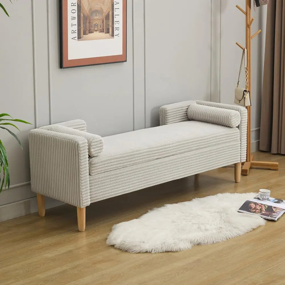 83.1” Modern Upholstered End of Bed Bench with Armrests – Chenille Chaise Lounge Bench with 2 Bolster Pillows, Bedroom Bench Seating for Bedroom, Living Room & Entryway