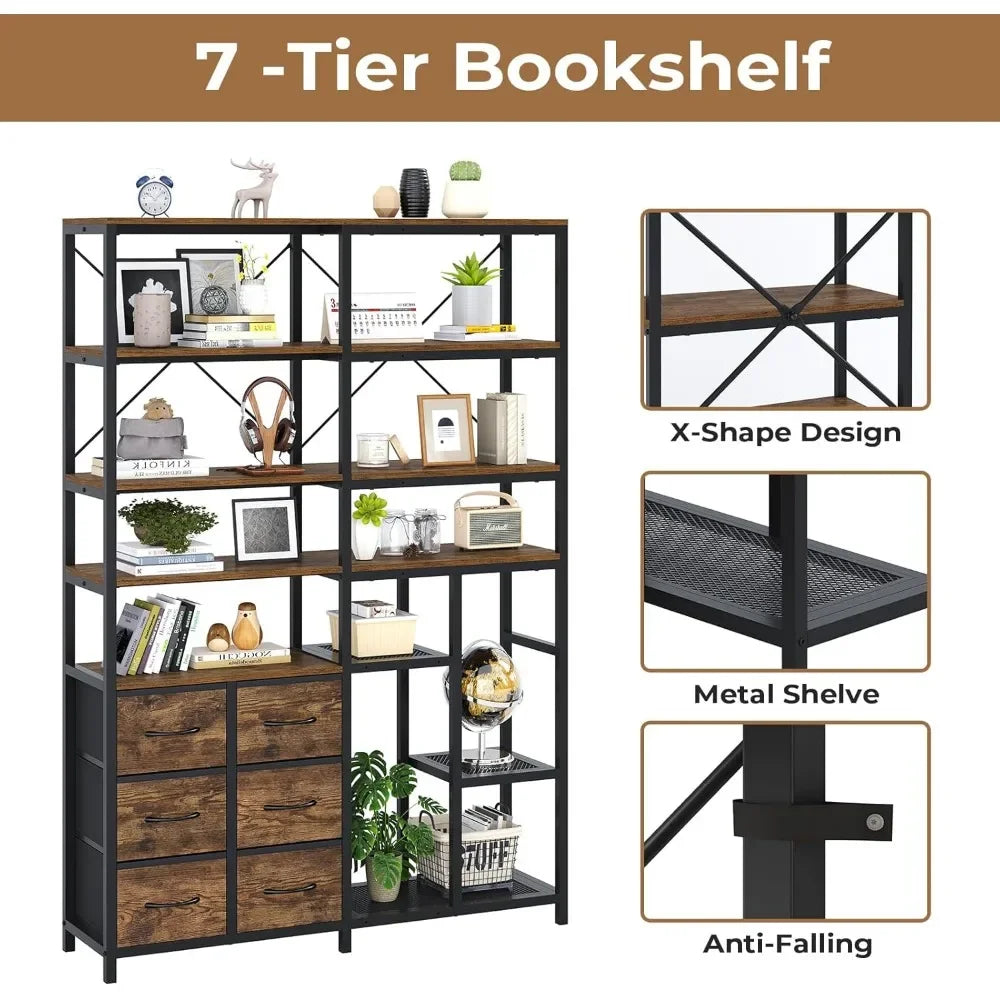 Corner 7-Tier Industrial Bookshelf With Drawers