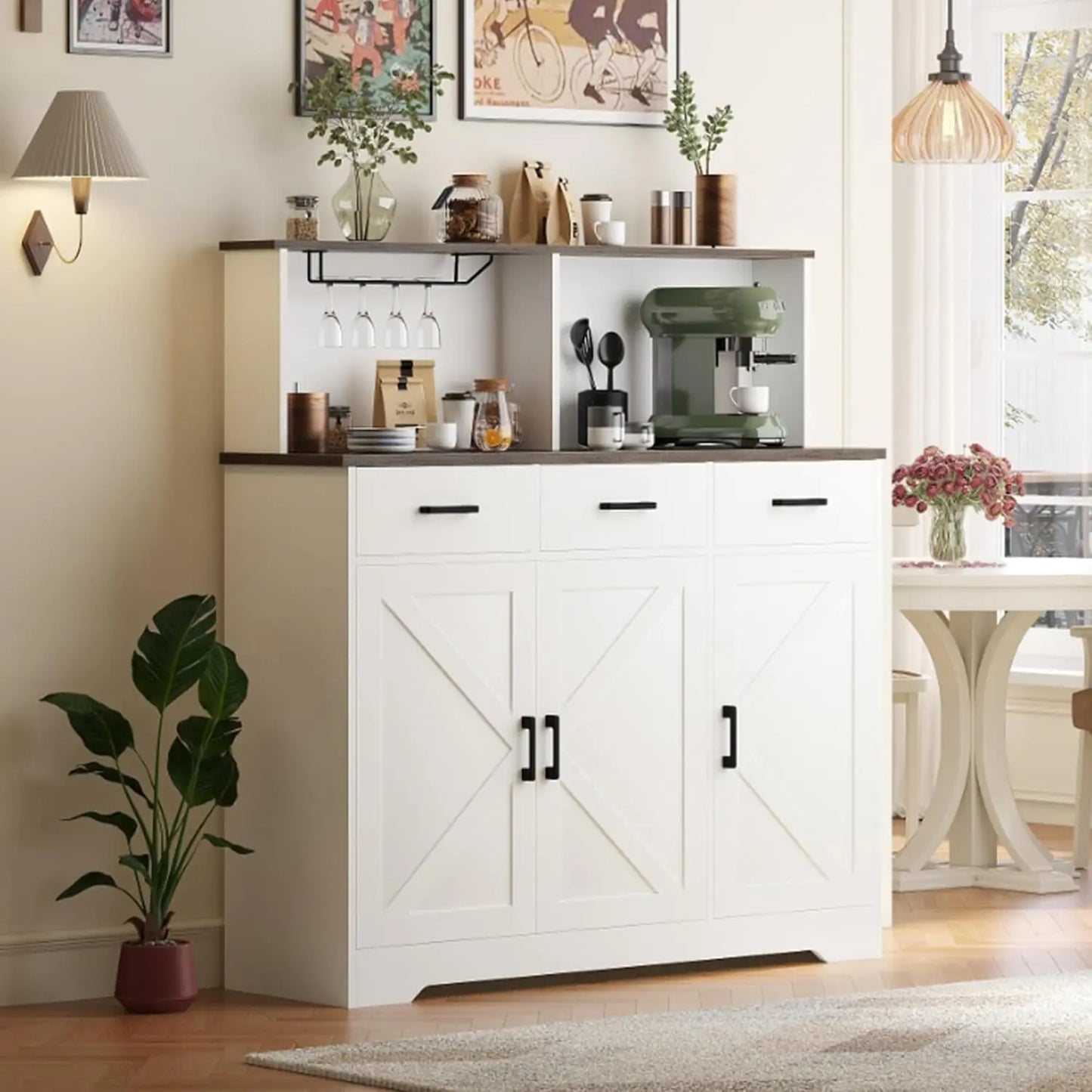 Farmhouse Buffet Cabinet with Storage Coffee Bar Cabinet Kitchen Storage Cabinet with 3 Doors and Drawers Dining Room Furniture