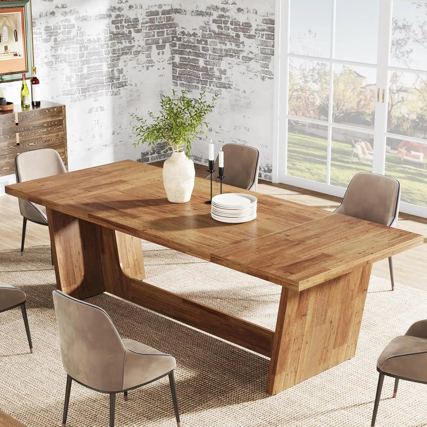 Farmhouse Dining Room Table – Large Rectangular Solid Pedestal Kitchen Table for Family Meals, Rustic Wooden Dinner Table for Dining Room & Home Gathering