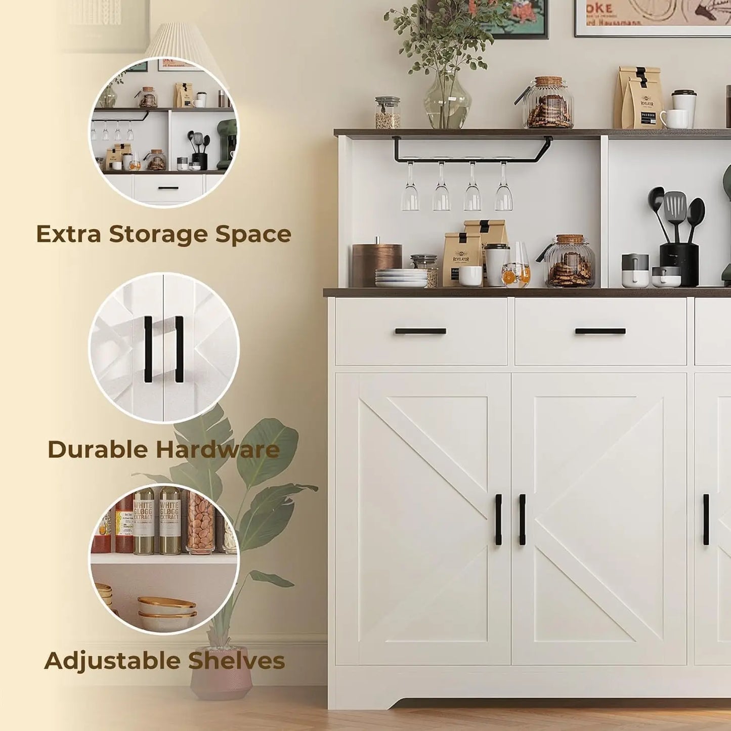 Farmhouse Buffet Cabinet with Storage Coffee Bar Cabinet Kitchen Storage Cabinet with 3 Doors and Drawers Dining Room Furniture