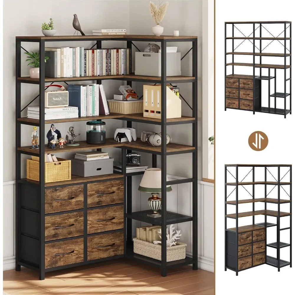 Corner 7-Tier Industrial Bookshelf With Drawers