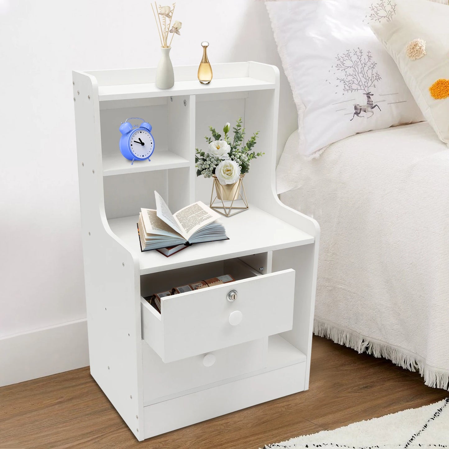 Lockable Bedside Table Double-Layer Storage Cabinet