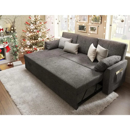 Grey Linen Sleeper Sofa Bed with Storage
