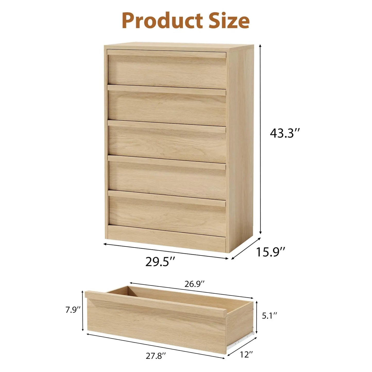 43.3-Inch 5-Drawer Wooden Dresser – Modern Bedroom Storage Chest with Deep Drawers, Closet Cabinet for Bedroom, Living Room, Entryway & Hallway