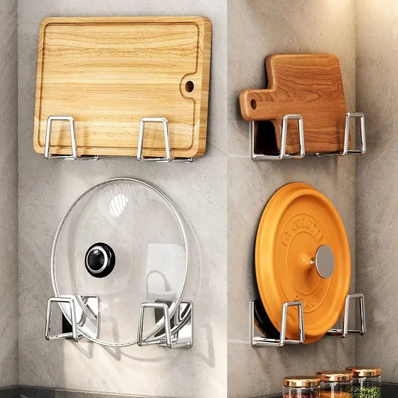 Stainless Steel Wall Mounted Kitchen Storage Rack – Non-Perforated Pot Lid Holder & Cutting Board Organizer for Cabinet Door & Countertop Storage