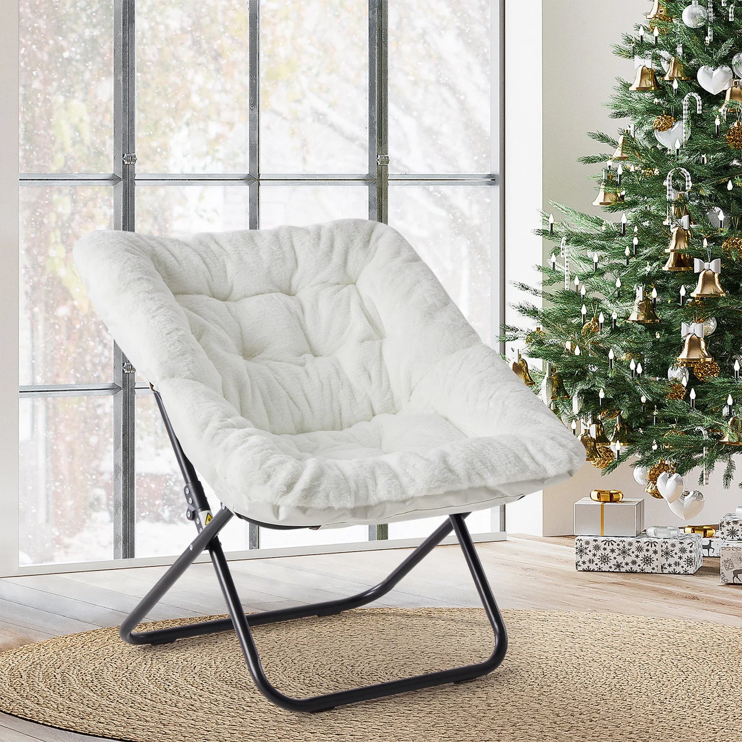 JHK 28 Inch Cozy Saucer Chair Faux Fur Folding Lounge Chair Padded Seat Metal Frame Reading Chair for Bedroom Living Room