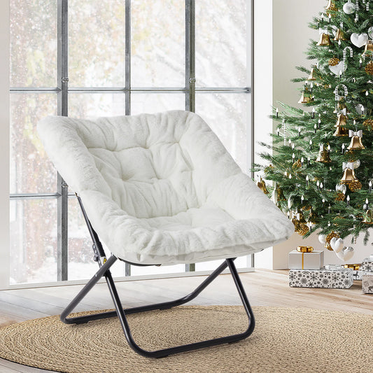 JHK 28 Inch Cozy Saucer Chair Faux Fur Folding Lounge Chair Padded Seat Metal Frame Reading Chair for Bedroom Living Room