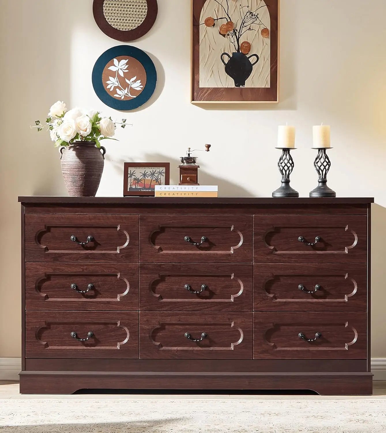 Farmhouse Cherry Wood Dresser Wide Drawer Chest of Drawers Rustic Bedroom Storage Furniture