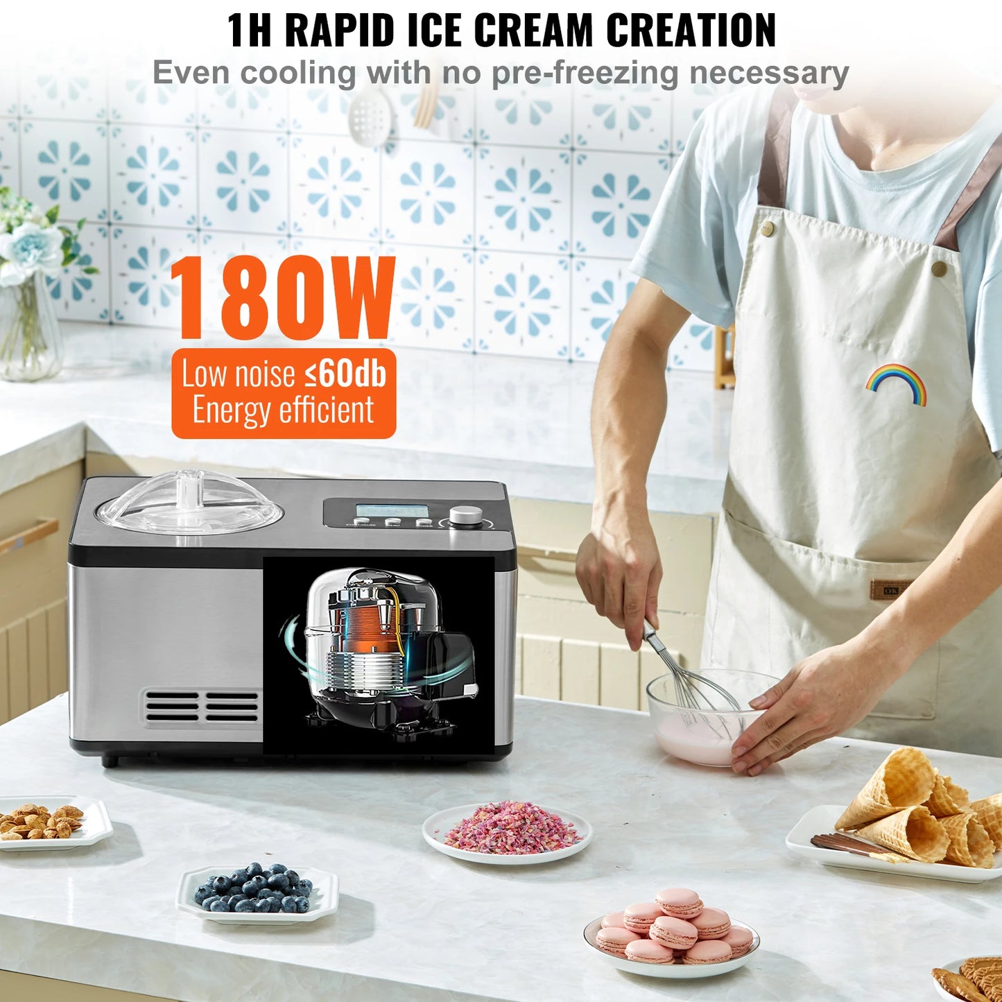 Automatic Ice Cream Maker with Built-In Compressor – 2 Quart Electric Frozen Yogurt, Sorbet & Gelato Machine No Pre-Freezing Required