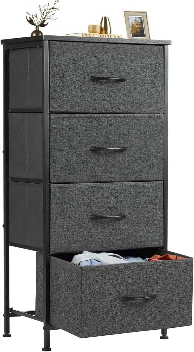Sweetcrispy Nightstand with 4 Fabric Drawers – Modern Bedside Table with Wooden Top, Small Bedroom Dresser & End Table for Bedroom, Living Room & Nursery
