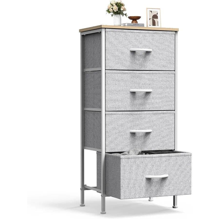 Sweetcrispy Nightstand with 4 Fabric Drawers – Modern Bedside Table with Wooden Top, Small Bedroom Dresser & End Table for Bedroom, Living Room & Nursery