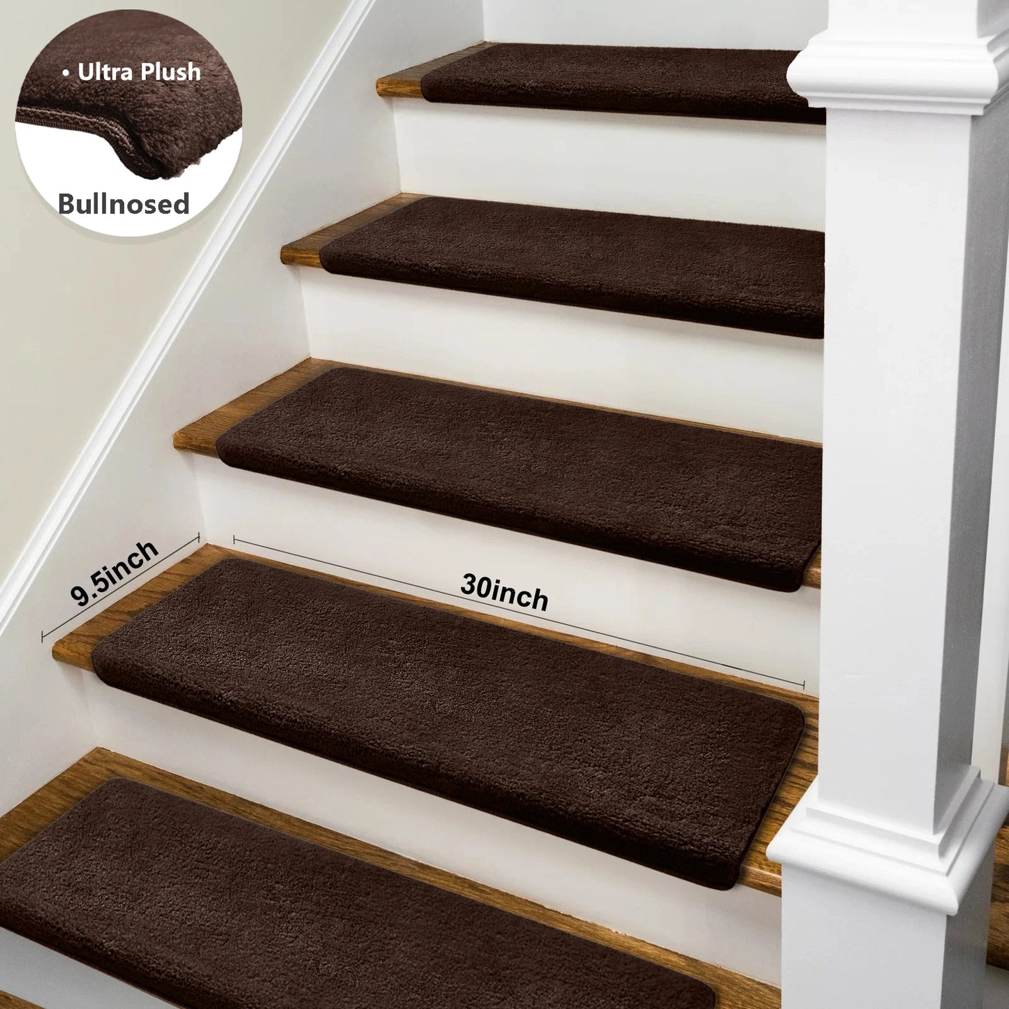 Bullnose Non-Slip Stair Treads – Ultra Plush Washable Self-Adhesive Carpet Mats, Peel & Stick Stair Covers for Safety, Elderly, Kids & Pets