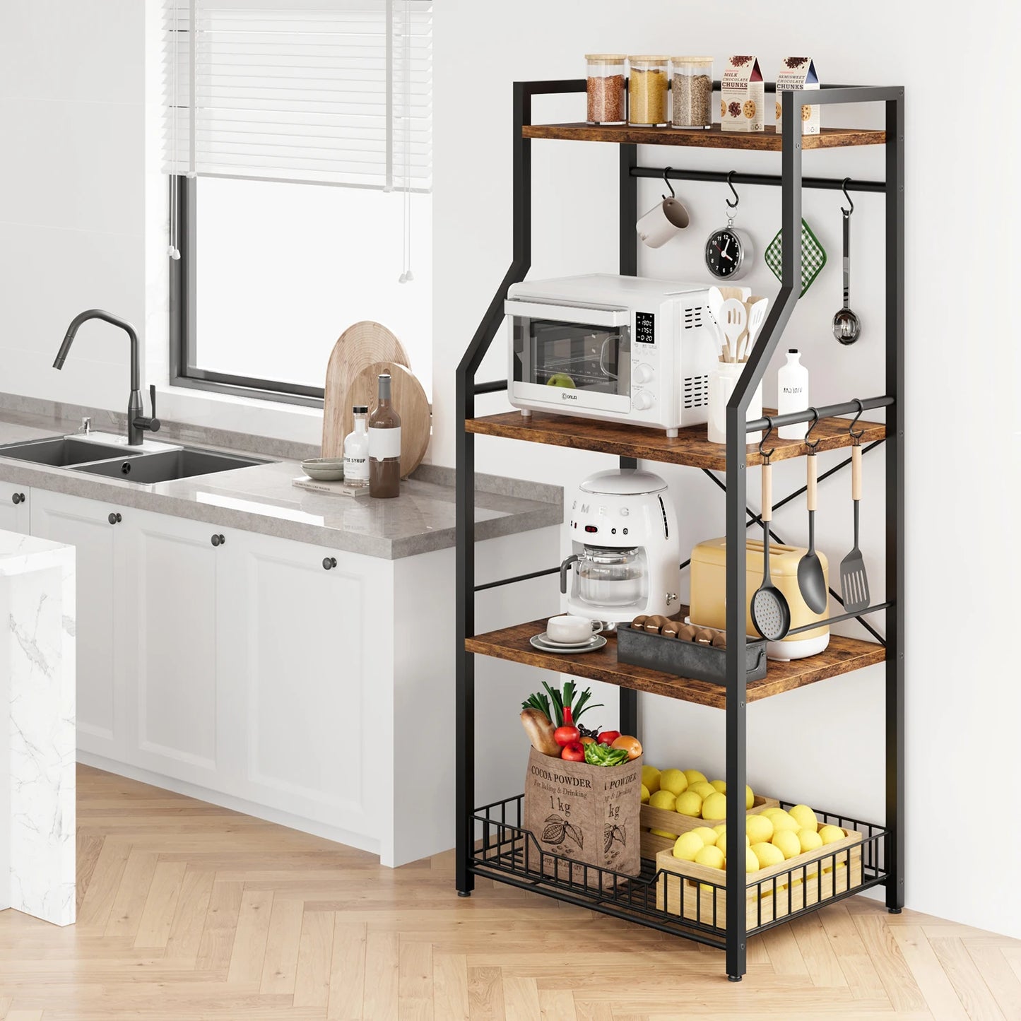 4-Tier Kitchen Baker’s Rack Microwave Stand – Coffee Bar Station with Wire Basket Storage Shelf
