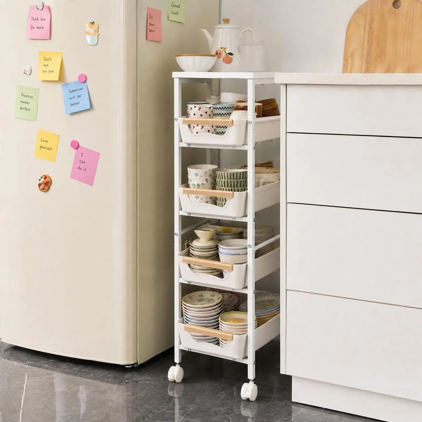 5-Tier Rolling Kitchen Storage Cart with Pull-Out Baskets & Tabletop – Slim Space-Saving Utility Cart on Wheels for Kitchen, Pantry, Bathroom & Living Room Organization