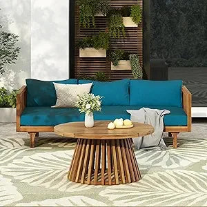 Outdoor Acacia Wood 3-Seat Loveseat Sofa Set with Cushions & Round Coffee Table – Premium Backyard Patio Conversation Furniture for Garden, Porch & Balcony Relaxation